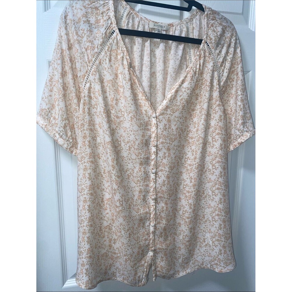 ANGELS-Forever Young Cream Pink & Tan Floral Button-Front Women's Top Sz Large - Picture 7 of 14